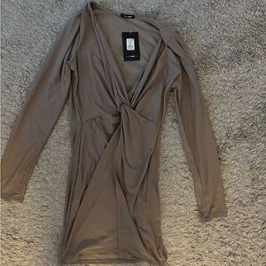 Taupe Long Sleeve Twist Front Dress